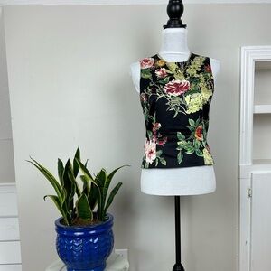 KAY UNGER Silk Sleeveless Beaded Embellished Black Floral Top